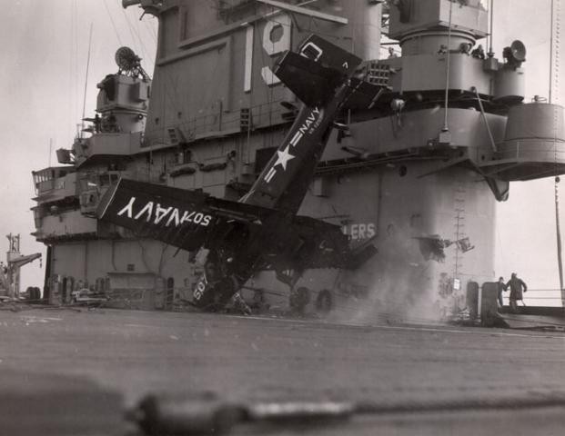 Crash of a Douglas AD5 which missed arresting gear but caught first wire barrier